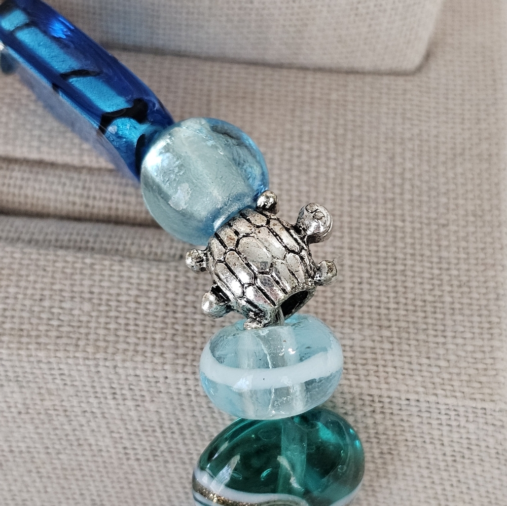 Silver and Blue Beaded Ocean Theme Blown Glass Vintage Necklace SAQ - Picture 2 of 14